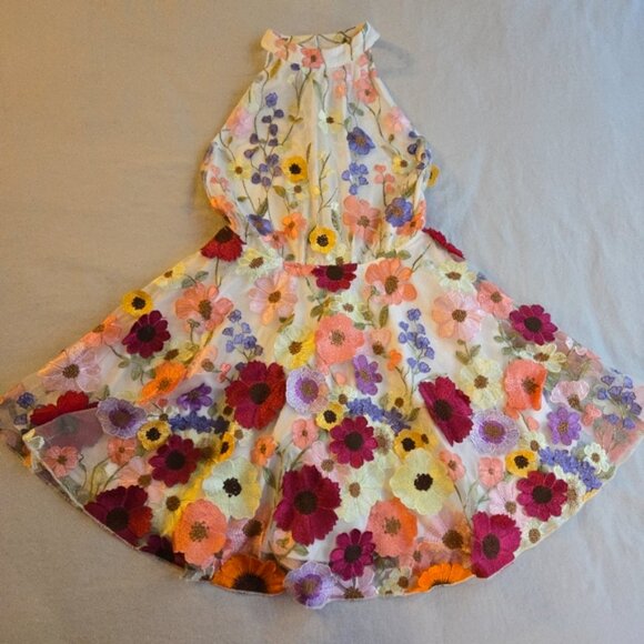 Lulus Blooming Bliss Ivory 3D Floral Embroidered Halter Mini Dress - Picture 13 of 14